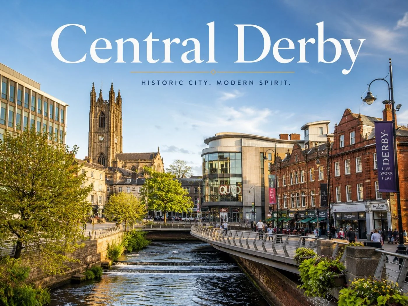 Central Derby city centre showing Derby Cathedral and the River Derwent, an area served by Derby Roof Solutions for roof cleaning and repairs