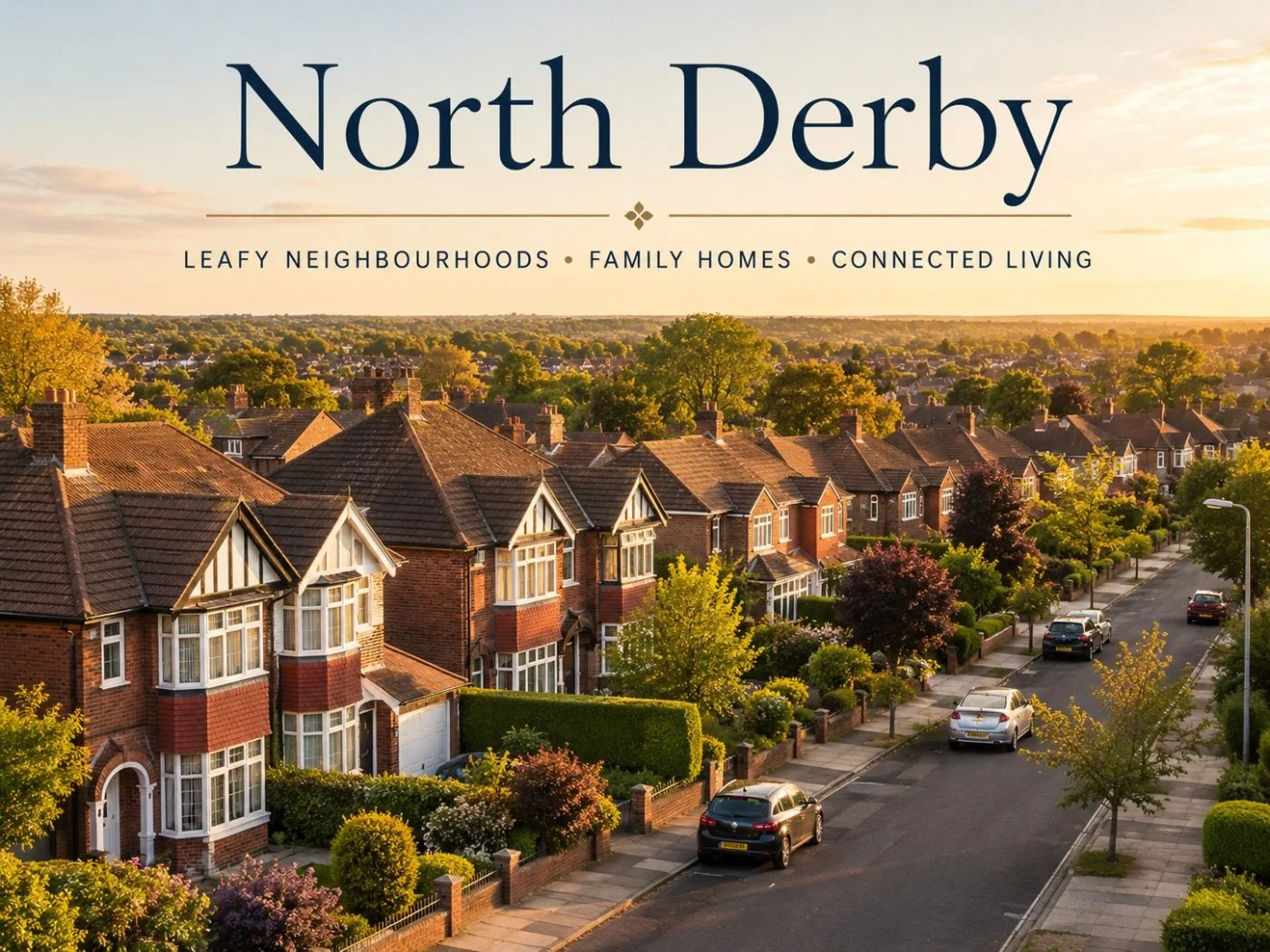 Leafy residential street of brick homes in North Derby, where Derby Roof Solutions provides roof cleaning and repairs