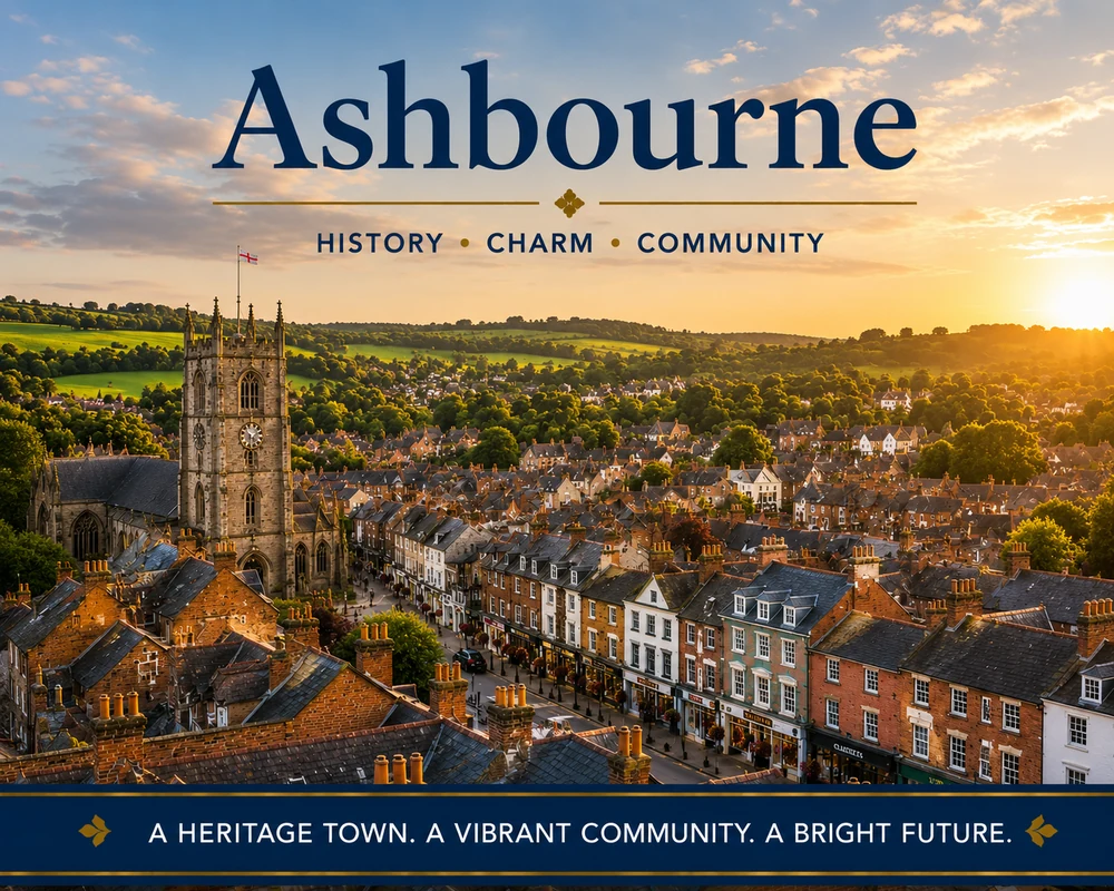 Ashbourne rooftops and town view at sunset promoting roof cleaning services in Derbyshire.