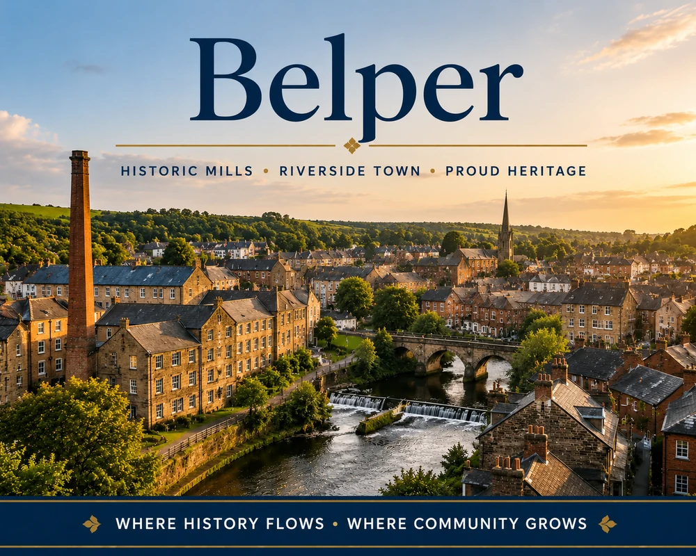 Belper town rooftops and riverside view representing roof cleaning services in Derbyshire.