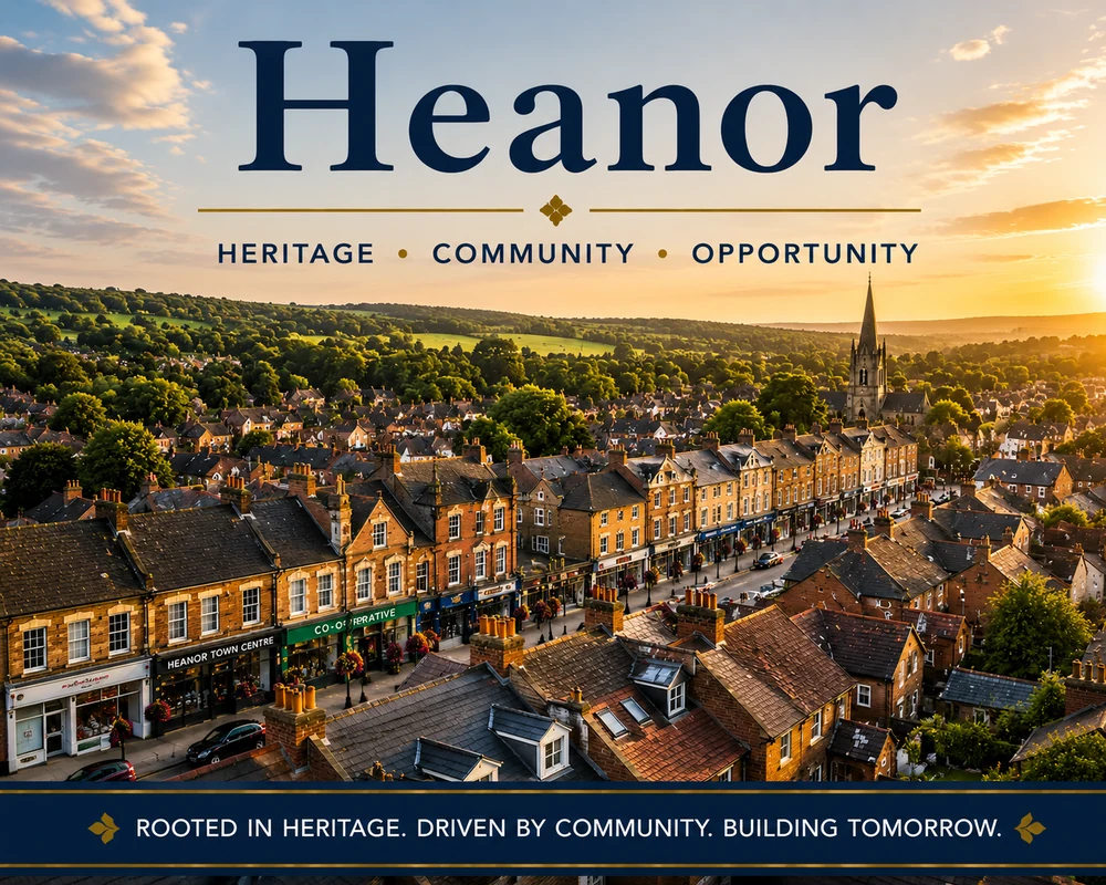 Heanor rooftops and town centre view showing local roof cleaning services in Derbyshire.