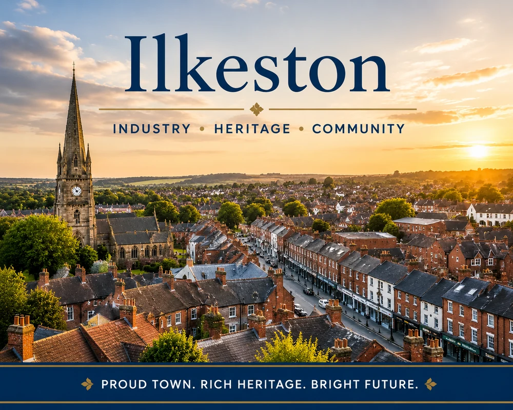 Ilkeston town rooftops at golden hour showing local roof cleaning services in Derbyshire.