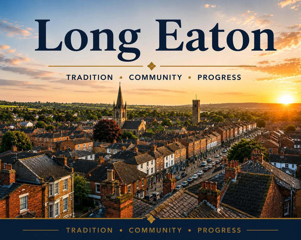 Long Eaton rooftops at sunset showing professional roof cleaning services in Derbyshire.