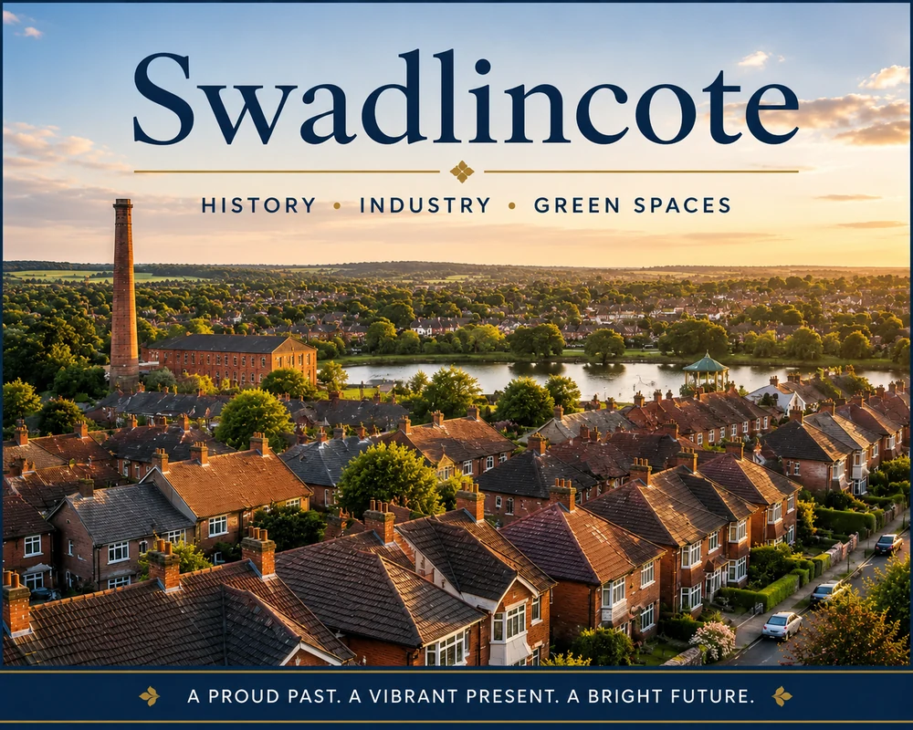 Swadlincote rooftops and town view showing roof cleaning services in Derbyshire.